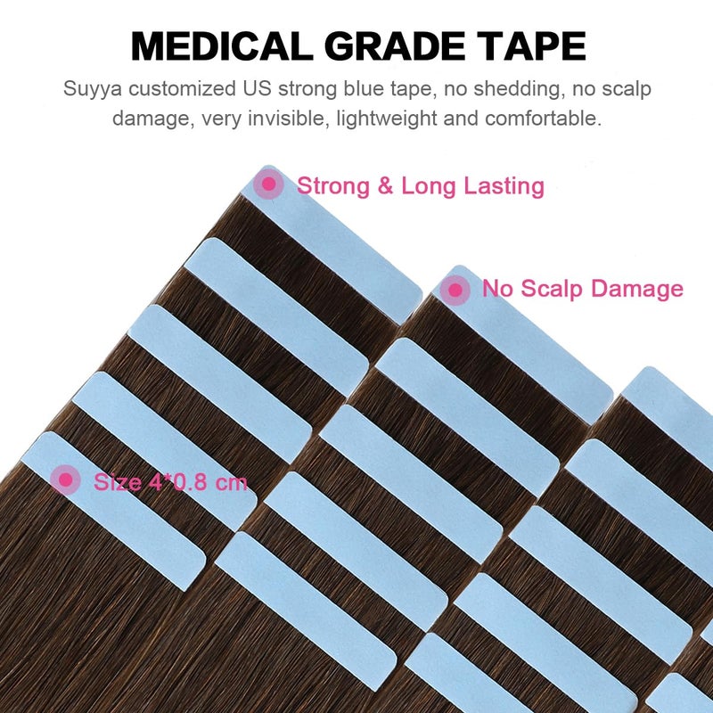 SUYYA Tape in Hair Extensions Chocolate Brown 100% Remy Human Hair 20 inches 20pcs 50g/pack Straight Seamless Skin Weft Tape Hair Extensions(20Inch #4 Dark Brown) - Image 3